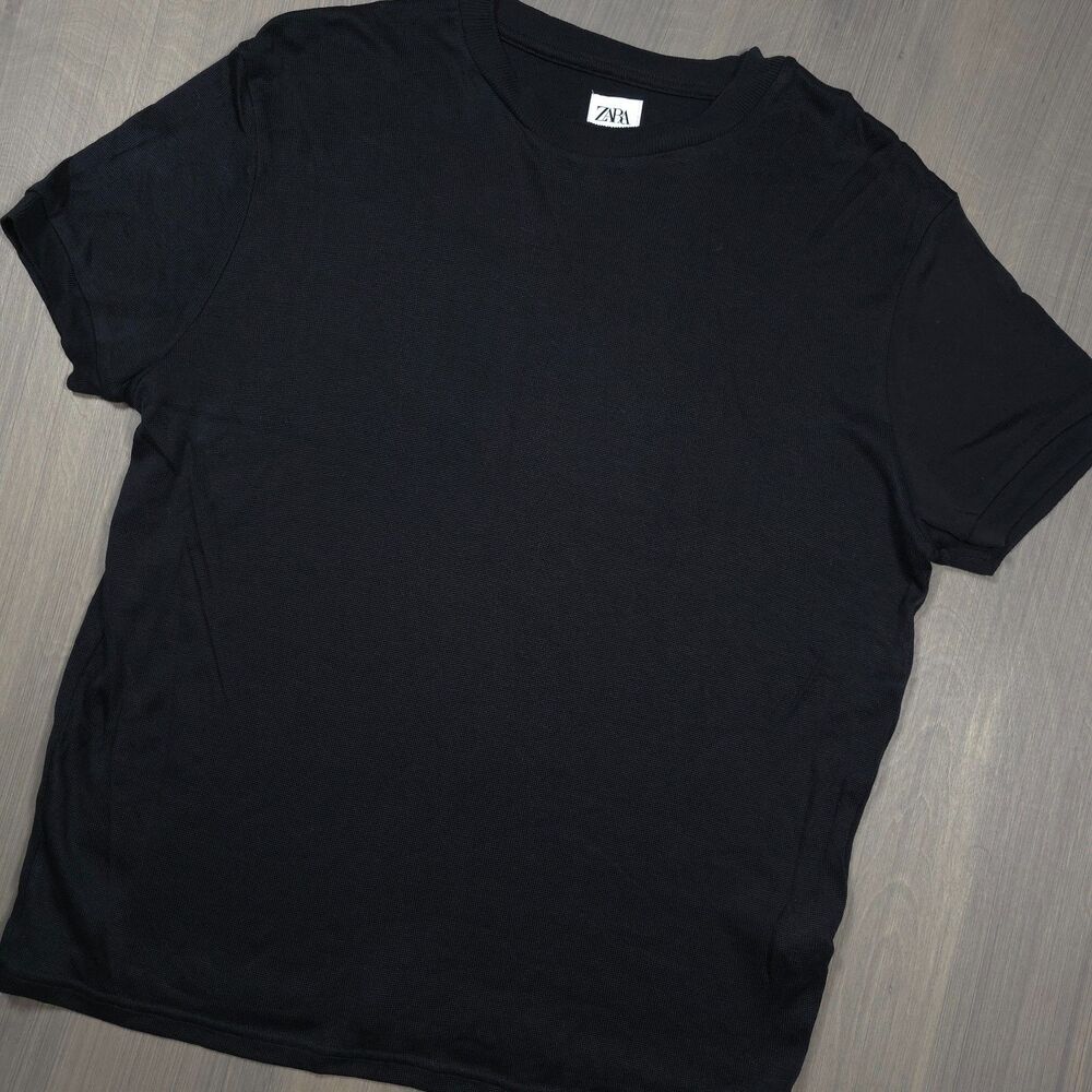 ZARA Men Black Textured Crew Neck T-Shirt Size Large